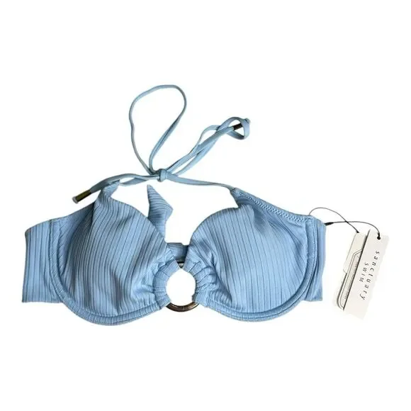 Sanctuary Refresh Ribbed O-Ring Halter Light Blue Bikini Top Size Medium - Picture 3 of 10